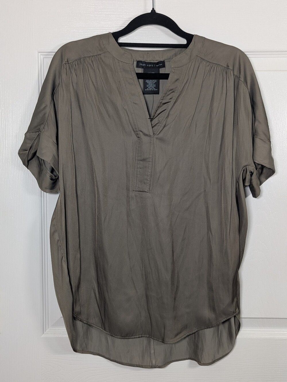 Joan Vass New York XS Mossy Grey Split Neck High Low Tunic Blouse NWT